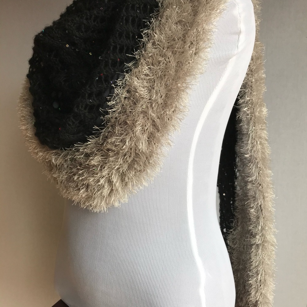 New Hand Knitted Shawl with Fur trim and sequins. Long scarf, Wrap.Gift for Her - Picture 10 of 16